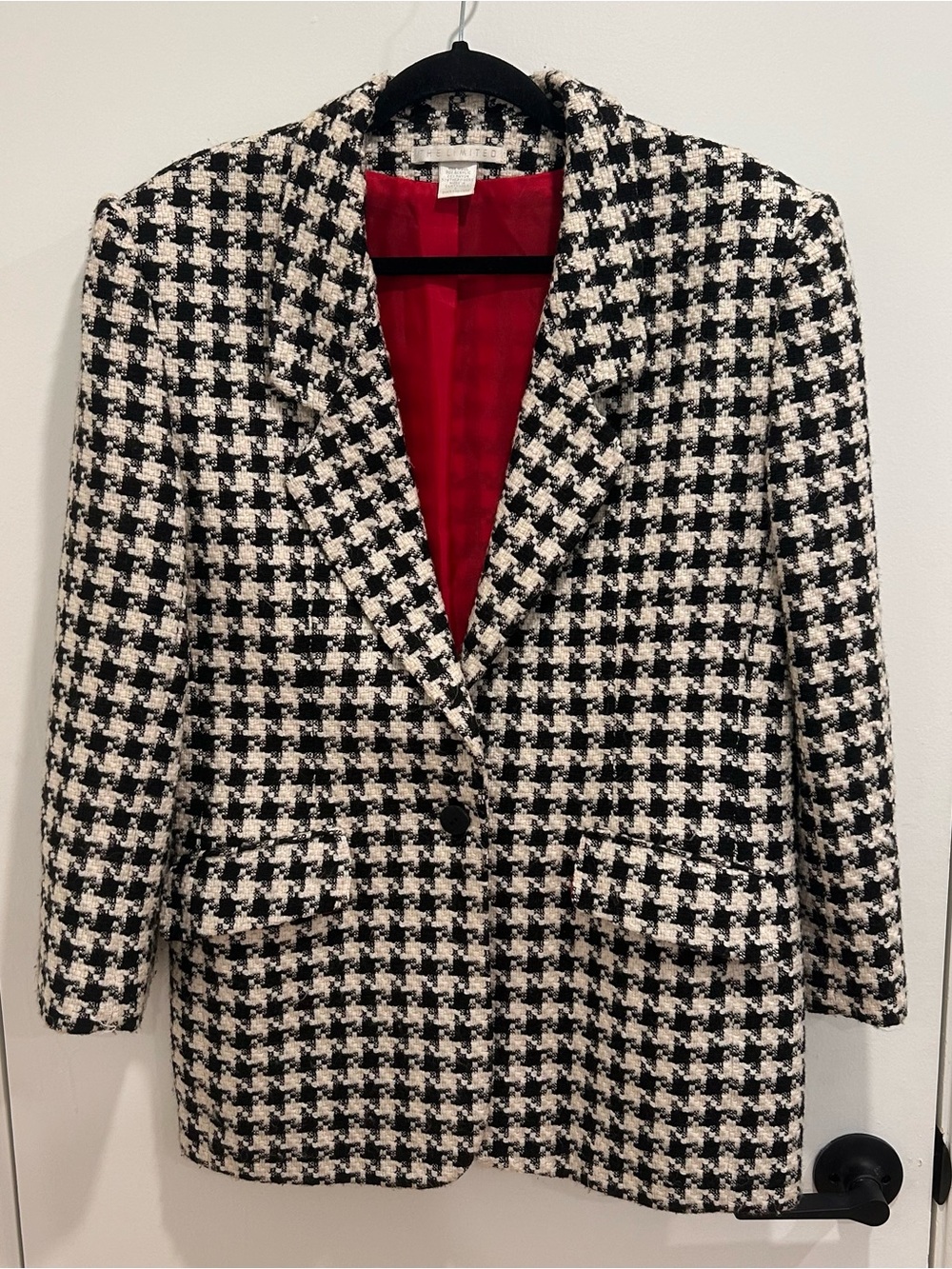 The Limited Black & White Houndstooth Blazer with Red Lining
